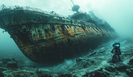 Diving exploration with robot submarine at shipwreck site in deep ocean Generative AIの素材
