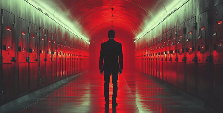 Exploring a dimly lit corridor with mysterious technology and banking elements Generative AIの素材