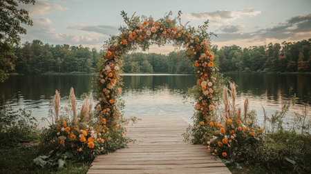 Ceremonial Floral Arch Near Serene Lake During Sunset, Adorned With Vibrant Flowers and Greenery, Perfect for Outdoor Weddings and Celebrations Generative AIの素材