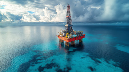 Offshore Drilling Rig Operates in Clear Waters Under Dramatic Clouds, Showcasing the Modern Face of Petroleum Extraction and Exploration Generative AIの素材