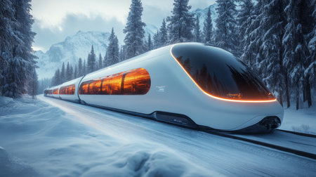 Advanced Smart Train Navigating Through Snowy Landscapes With Autonomous Control Systems Enhancing Transportation Efficiency Generative AIの素材