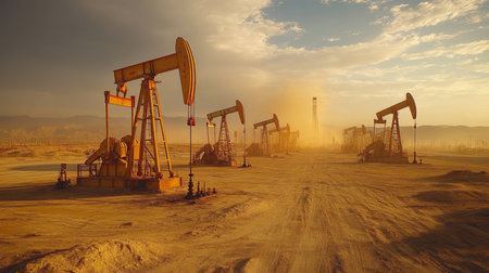 Oil Extraction Process in an Arid Desert Environment Showcasing Numerous Pump Jacks Against a Dramatic Sky Filled With Dust at Golden Hour Generative AIの素材