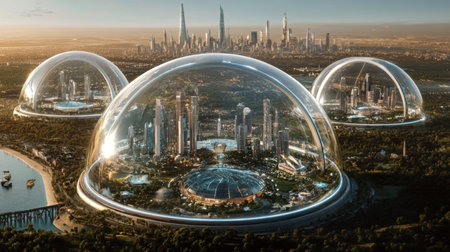 Innovative Green Domes in a Futuristic Megacity Highlight Sustainable Living With Advanced Air Quality and Renewable Energy Solutions Generative AIの素材