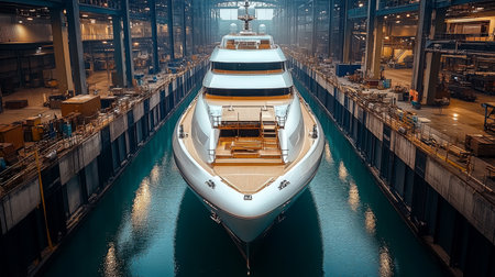 Large Luxury Yacht Under Construction at Shipbuilding Facility Focusing on Advanced Engineering and Intricate Design Processes Generative AIの素材