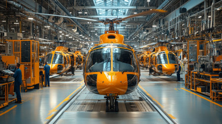 Helicopter Assembly Process Taking Place in a Large Manufacturing Facility With Multiple Aircraft in Various Stages of Completion Generative AIの素材