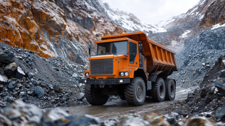 Heavy Truck Navigates Rocky Terrain in a Mineral Extraction Site Surrounded by Mountains and Snow Generative AIの素材