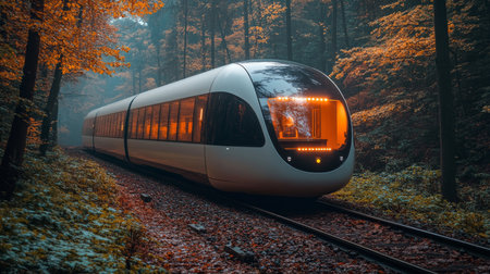 Innovative Autonomous Train Traversing Through a Lush Autumn Forest on a Tranquil Railway Path Generative AIの素材