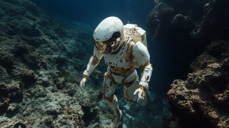 Diving exploration deep beneath the ocean with a robotic submarine and explorer Generative AIの素材