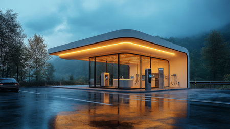 Modern Electric Vehicle Charging Station Showcases Renewable Energy Advancements in a Serene Landscape at Dusk Generative AIの素材