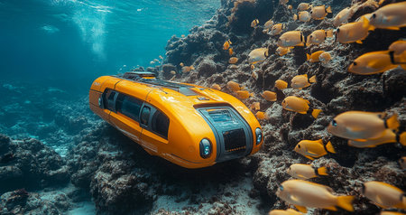 Exploring ocean depths with an advanced robotic submarine amidst vibrant marine life Generative AIの素材