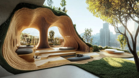 Innovative Ecofriendly Architecture Showcases Renewable Materials and Green Design in a Vibrant Urban Environment Generative AIの素材