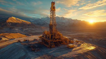Sunrise Over Drilling Rig in Mountainous Terrain Focused on Mineral Extraction and Infrastructure Development Generative AIの素材