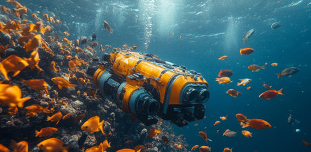 Exploring ocean depths with a robotic submarine amid vibrant marine life using AIの素材