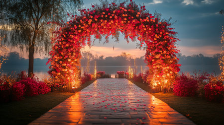 Vibrant Floral Archway Illuminated by Warm Lights at Twilight Near a Tranquil Lake Setting, Creating a Romantic Atmosphere for a Special Celebration Generative AIの素材