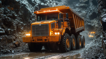 Heavy Machinery Operates in a Dimly Lit Quarry During Mineral Extraction and Processing of Valuable Resources in an Active Mining Site Generative AIの素材