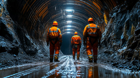 Mining Workers Conducting Excavation in a Newly Developed Underground Tunnel at a Mining Site During the Early Morning Hours Generative AIの素材