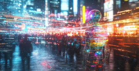 Exploration of synthetic consciousness in a bustling urban environment Generative AIの素材
