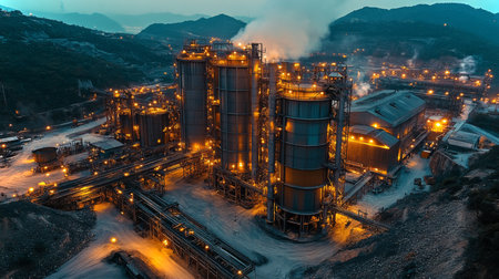 Major Industrial Site Shows Mining and Energy Generation Operations With Extensive Infrastructure and Powerplant Activity at Dusk Generative AIの素材