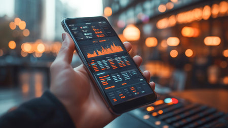 A user holds a smartphone displaying a banking app interface with transaction details and graphsの素材
