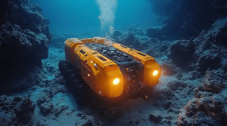 Exploring ocean depths with an advanced underwater robot submarine Generative AIの素材