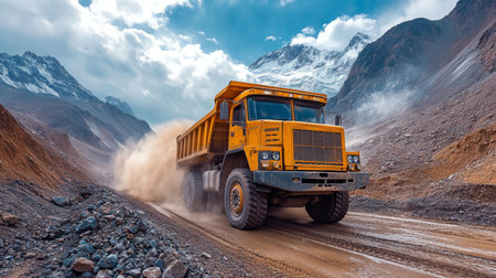 Heavy Dump Truck Transporting Minerals Through a Mountain Quarry During Daytime Amidst Towering Peaks and Cloudy Skies Generative AIの素材