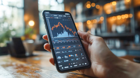 A person is holding a smartphone displaying financial data with charts and transaction detailsの素材