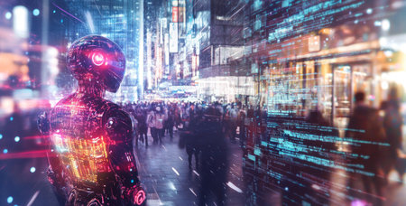 Exploring the interface of technology and humanity in a bustling urban landscape Generative AIの素材