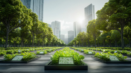 Innovative Urban Landscape Showcasing Sustainable Agriculture and Biodiversity in a Modern Smart City During Early Morning Generative AIの素材