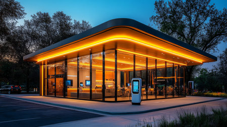 Innovative Electric Vehicle Charging Station Featuring Modern Design and Sustainable Technology in a Serene Urban Setting at Dusk Generative AIの素材