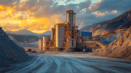 Dusk Settles Over a Mining Site With Processing Equipment and Mountainous Landscape in the Background Generative AIの素材