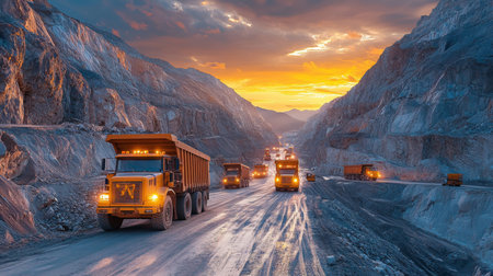 Heavy Trucks Transport Minerals Through a Quarry at Sunset, Showcasing Large Scale Mining and Excavation Operations in a Mountain Area Generative AIの素材