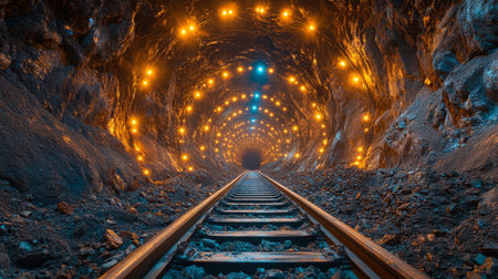 View of an Illuminated Mine Tunnel Showing Railway Tracks Leading Into Depth With Abundant Mineral Deposits Visible in the Rock Walls Generative AIの素材