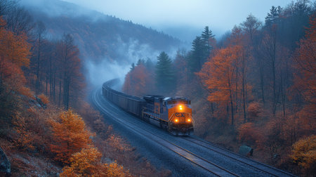 Autumn Train Transporting Coal Through Mountainous Terrain in a Foggy Landscape During Early Morning Hours Generative AIの素材