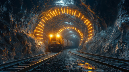 Heavy Machinery Operates in a Well Lit Mining Tunnel Transporting Materials for Processing and Extraction at a Mineral Quarry Site Generative AIの素材