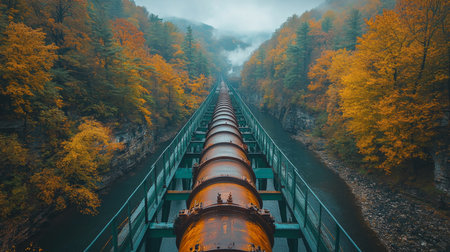 A Vast Pipeline Elegantly Stretches Across a Picturesque Valley, Framed by the Stunning Hues of Vibrant Autumn Foliage, Showcasing the Potential of Generative AIの素材