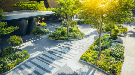 Urban Landscape Showcasing Sustainable Design With Greenery and Smart City Features Promoting Biodiversity and Environmental Wellness in a Modern Setting Generative AIの素材
