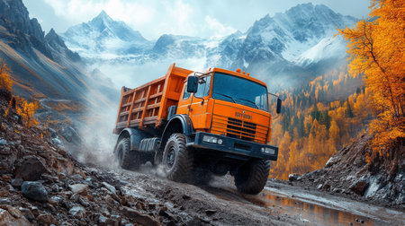 A Large Heavy Duty Truck Makes Its Way Through a Stunning Autumn Landscape, Transporting Minerals Amid the Majestic Mountains With the Assistance of Generative AI Technologyの素材