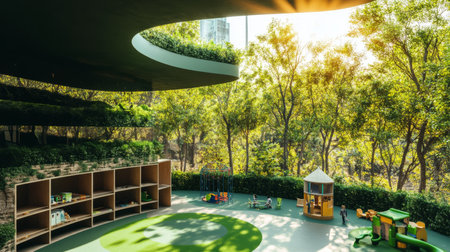 Creating a Sustainable Playground in a Green City With Trees and Children Playing Under a Smart Forest Canopy Generative AIの素材