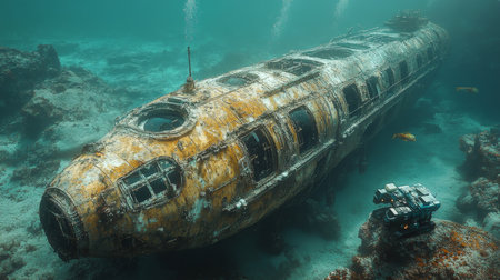 Exploring the depths with a robotic submarine near a sunken vessel Generative AIの素材