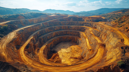 Circular Quarry Excavated for Mineral Extraction in a Mountainous Region Under a Clear Sky During Daytime Generative AIの素材