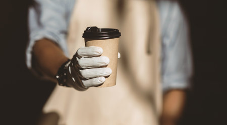 Delicious takeaway coffee in favorite cafe during social distancingの写真素材