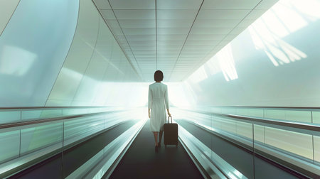 Traveler with a suitcase heads towards boarding area in a commercial airport terminalの素材