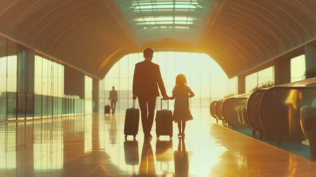 Silhouette of a parent and child holding hands while preparing to board at sunsetの素材