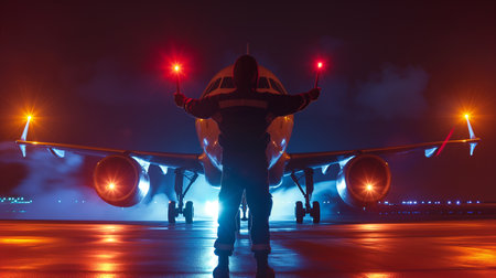 Ground crew member assists an aircraft preparing for takeoff using signal wands at nightの素材
