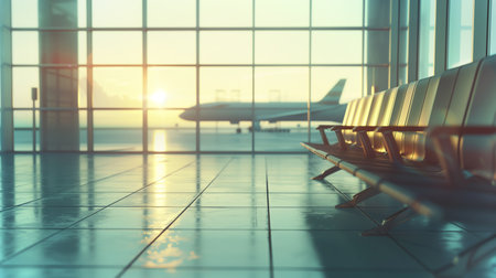 Sunlight filters through large windows as travelers await their flights in a tranquil terminalの素材