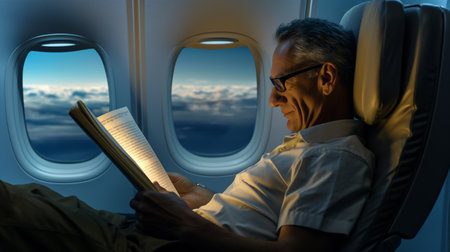 Passenger relaxes in airplane seat, immersed in reading a book as clouds drift by outsideの素材