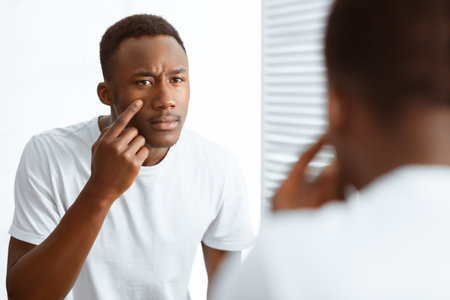 Worried Black Guy Touching Acne On Face Standing In Bathroomの写真素材