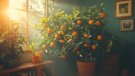 Growing Citrus Trees Indoors for Sustainable Urban Living, Promoting Ecofriendly Practices and Self Sufficiency Generative AIの素材