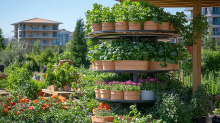 Vertical Hydroponic Farming in a Sustainable Urban Garden Promoting Green Living and Self Sufficiency Generative AIの素材