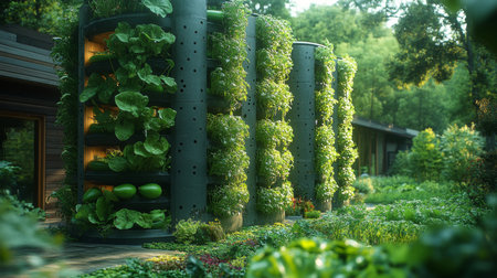 Innovative Urban Farming Solutions Promote Self Sufficiency and Sustainability in a Smart City Environment With Vertical Hydroponics Systems Generative AIの素材